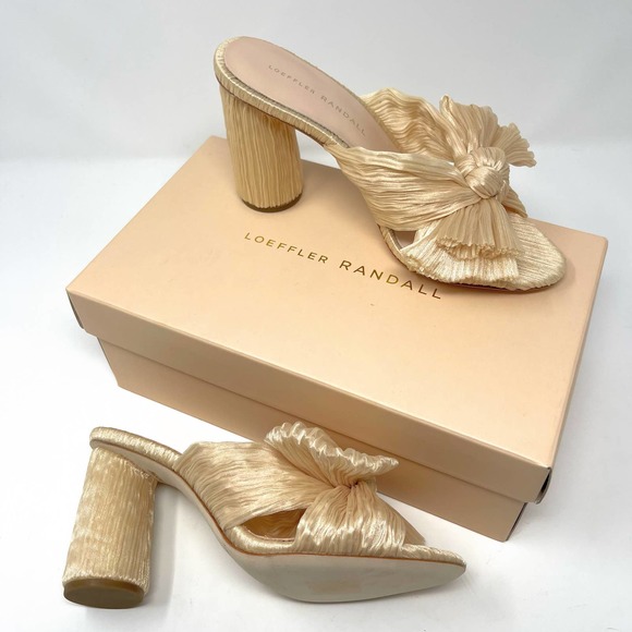 NWB Loeffler Randall Women's Almond Cream Penny Pleated Bow Slide Sandal 6.5 - Picture 1 of 12